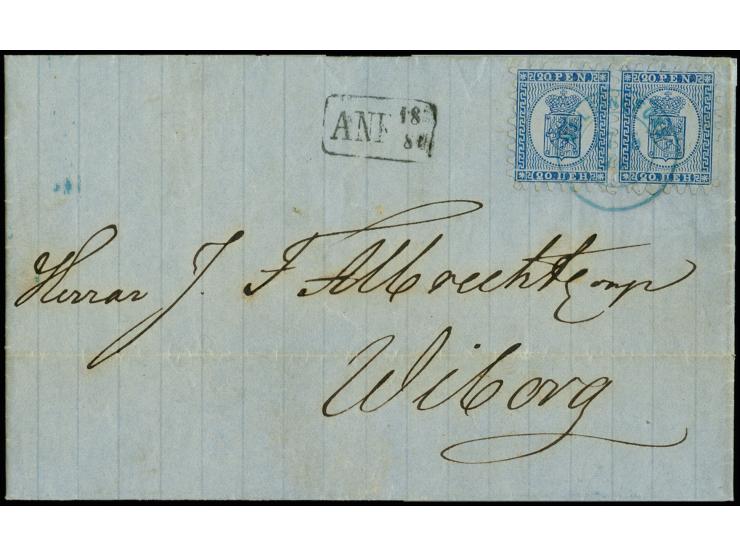 20 penni blue on ordinary grey blue paper, roulette III, as horizontal pair tied by blue double circle cancel "HELSINGFORS 17