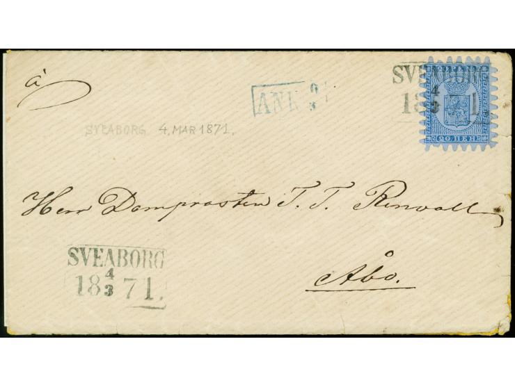 20 penni dull blue on ordinary grey-blue paper, roulette III, in fresh shade and attractively tied by high boxed "SVEABORG 4 