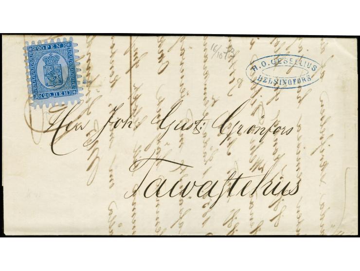 20 penni blue on ordinary grey-blue paper, roulette III, tied upon arrival by blueish boxed "ANK" to folded letter from Helsi