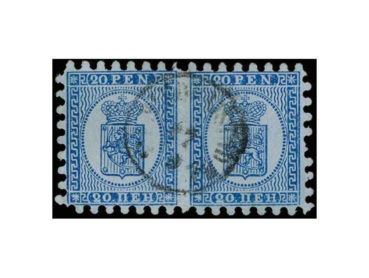 20 penni blue on ordinary grey-blue paper, roulette IV, as horizontal pair with neat central cds. "NIKOLAISTAD 27.5 1874", on