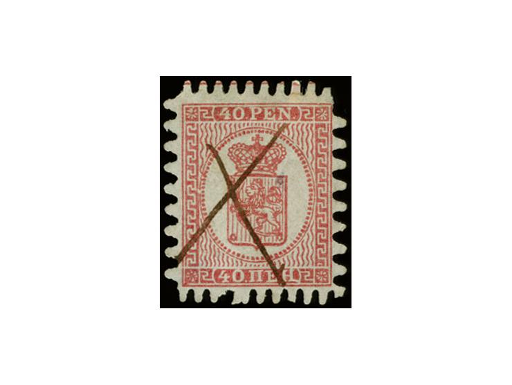 40 penni carmine on ordinary pale-rose paper, compound roulette C5/C2  (E/B), used with manuscript pen cross, small tiny tear