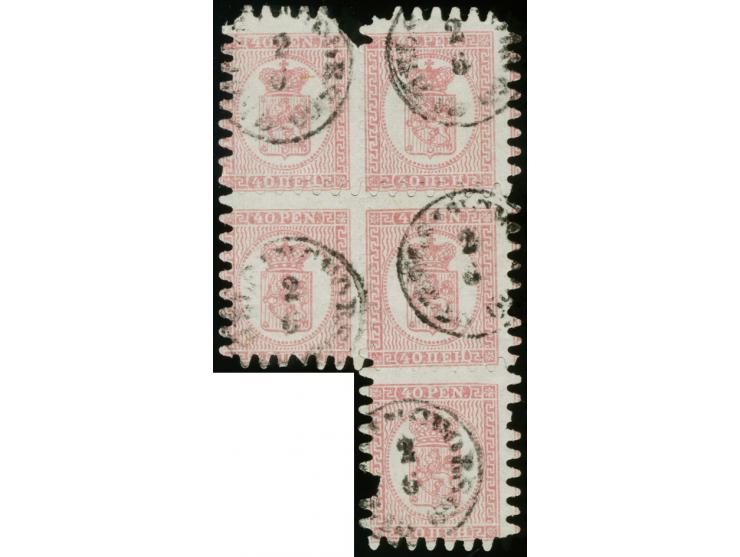 40 penni pale rose on ordinary paper, roulette III, as irregular block of five, positions 1-2, 11-12 and 22, each stamp with 