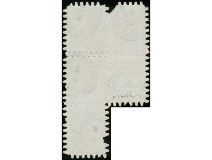 40 penni pale rose on ordinary paper, roulette III, as irregular block of five, positions 1-2, 11-12 and 22, each stamp with 