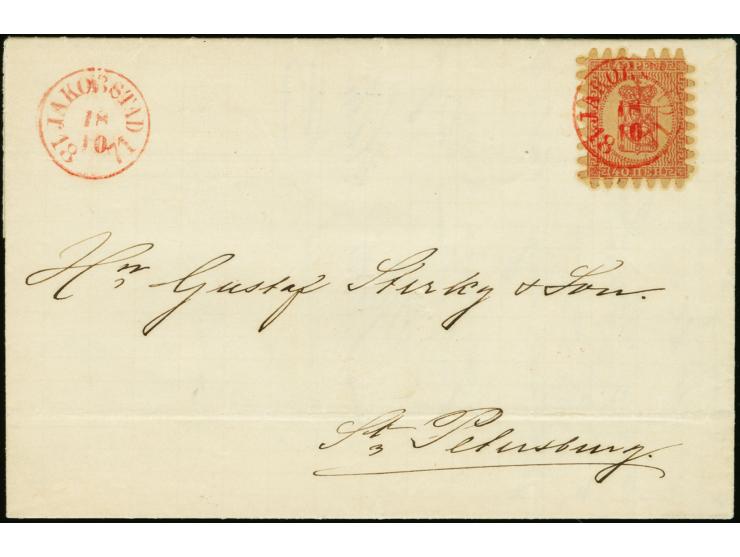 40 penni dull carmine, roulette III, attractively tied by red cds. "JAKOBSTAD 18 10 1871" to folded letter with same cancella