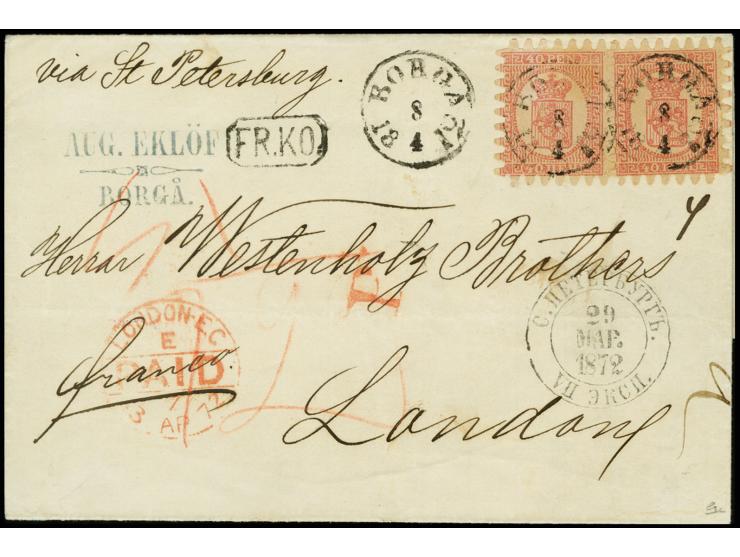 40 penni pale rose on ordinary paper, roulette III, as horizontal pair with two clear cds. "BORGA 8 4 1872" on folded letters