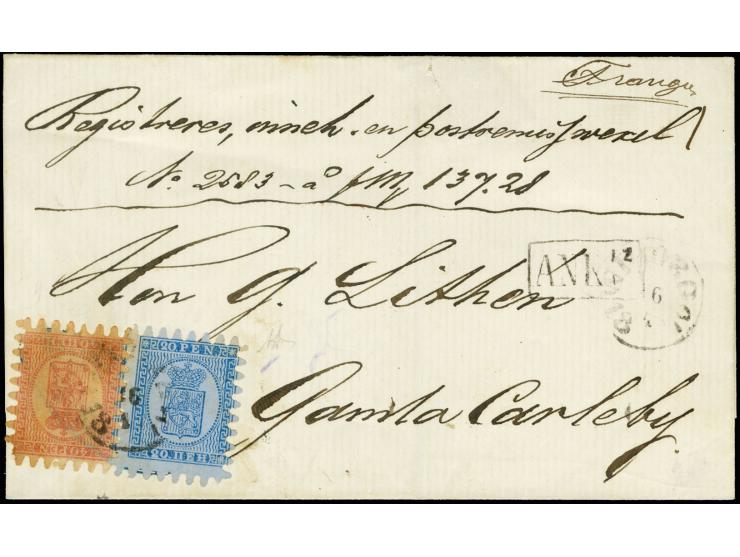 40 penni rose-carmine in combination with 20 penni blue on ordinary lilac blueish paper, roulette III, with cds. "WIBORG 16 1