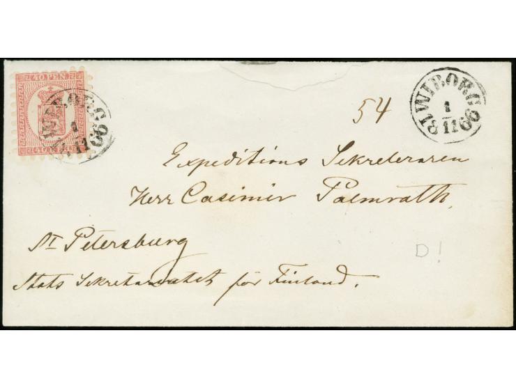 40 penni carmine on ordinary pale-rose paper, roulette IV, tied by cds. "WIBORG 1 11 1866" to envelope to St. Petersburg, mis