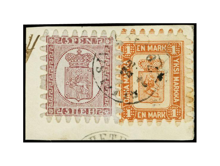 1 mark yellowish-brown in combination with 5 penni reddish brown on laid lilac paper, roulette III, with cds. "HELSINGFORS  7