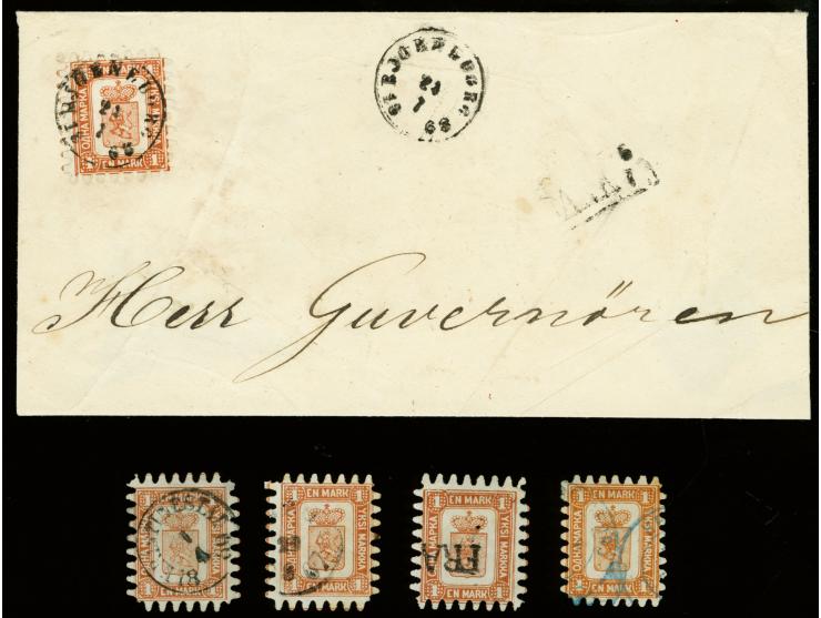 1 mark, interesting group containing 13 stamps and one large cover piece, including different cancellations and perforations,