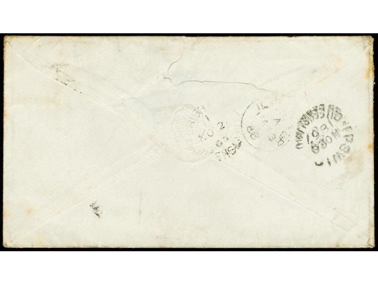 1866/67, 4 d. grey-lilac and 6 d. yellow-green, tied by numeral "87" to envelope from "IPSWICH NO 20 1867" to England, little