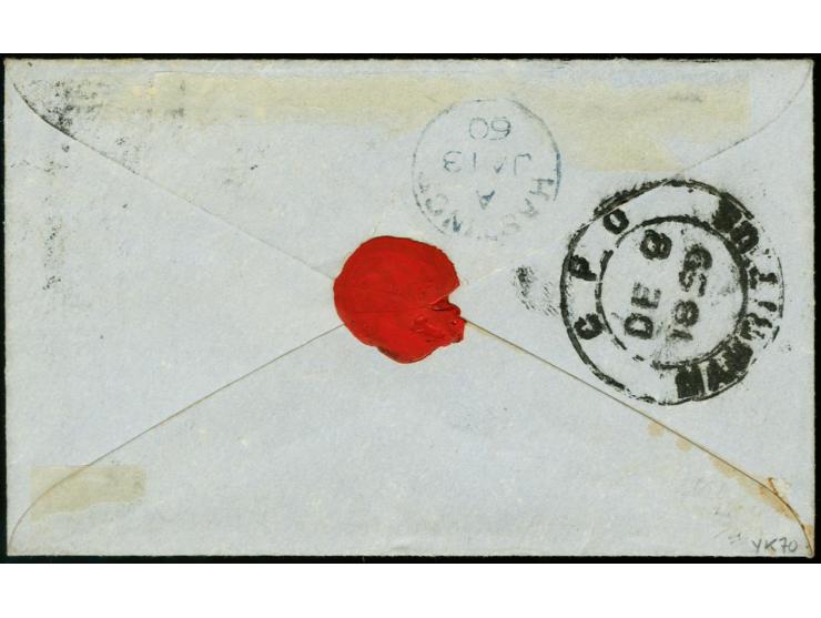 1859/61, 6 d. blue with large marins all around, tied to small envelope showing on reverse "GPO MAURITIUS DE 8 1859", to Hast