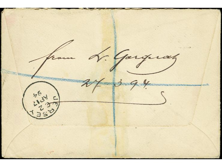 1884/91, 2 d. grey and 2½ d. ultramarine tied by Freetown cds. to registered envelope 1894 to Jersey, Channel Islands, fine, 