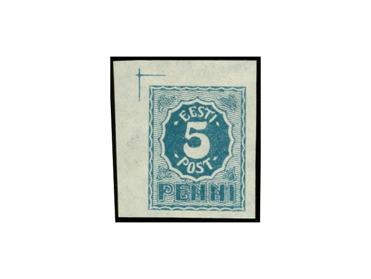 1919, Numerals 5 p. blue on white paper from the upper left sheet corner, very fine and scarce, signed Eichenthal and Nemvalz