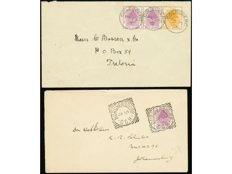 "BURGERSDORP C.G.H. JA 15" and "COLESBERG FE 27" each on cover franked with OFS stamps, addressed to Pretoria resp. Johannesb