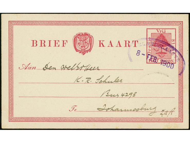 "ELANDSLAAGTE 8- FEB. 1900" adapted violett oval cancel on OFS ½d. postal stationery to Johannesburg, fine 