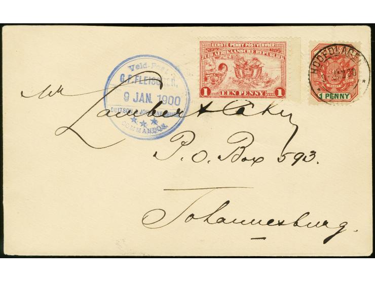 1900, 1d. tied by cds. "HOOFDLAGER 9- JAN 00" to cover to Johannesburg with adjacent blue cds "Veld-Post G.F. FLEISCHER 9 JAN