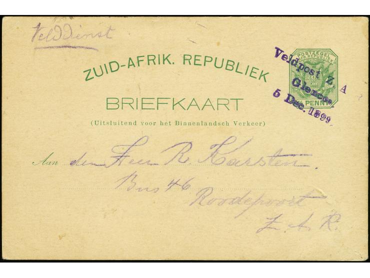 "Veldpost Z.A: Glencoe 5 Dec 1899" three-line cancel in violett on ½ postal stationery card via Johannesburg to Roodepost/Tra