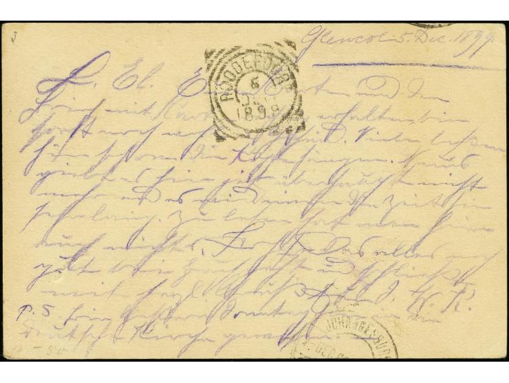 "Veldpost Z.A: Glencoe 5 Dec 1899" three-line cancel in violett on ½ postal stationery card via Johannesburg to Roodepost/Tra