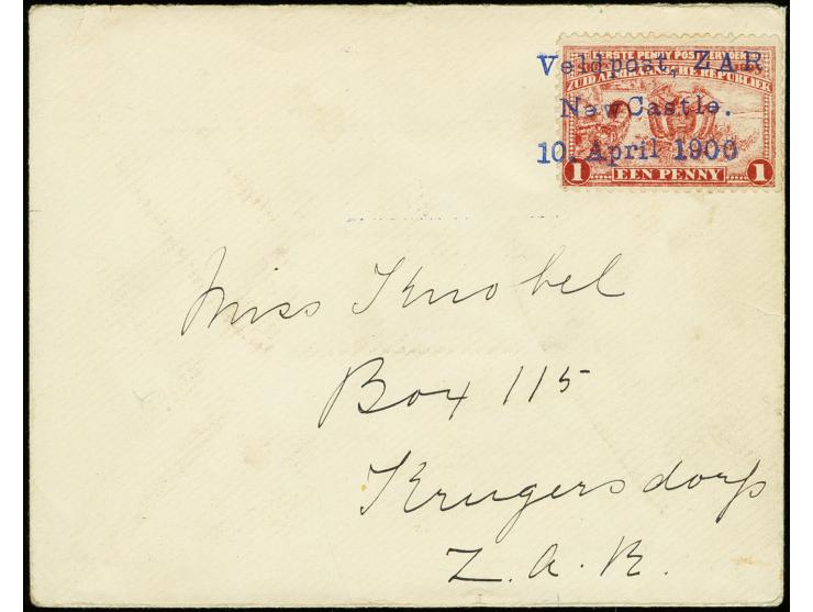 "Veldpost, ZAR New Castle. 10. April 1900" three-line cancellation in blue on cover with Transvaal 18985 1d. red to Krugersdr