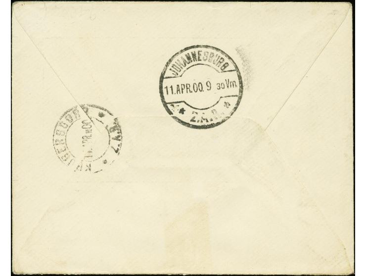 "Veldpost, ZAR New Castle. 10. April 1900" three-line cancellation in blue on cover with Transvaal 18985 1d. red to Krugersdr