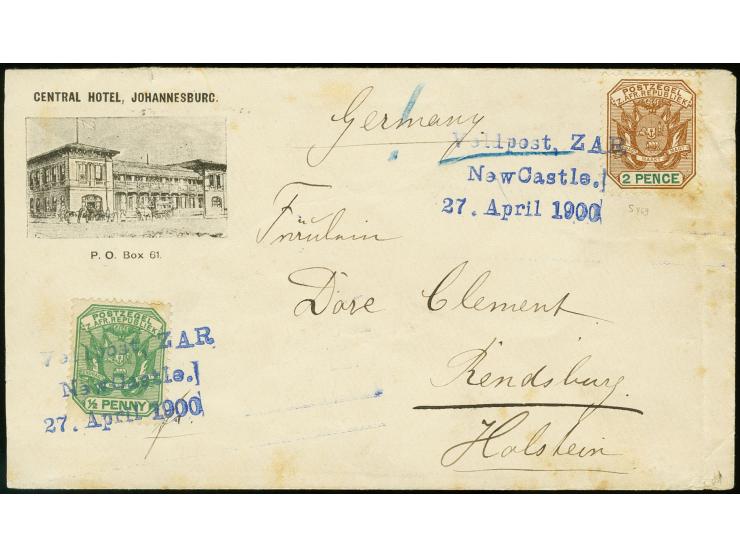 "Veldpost, ZAR New Castle. 27. April 1900", blue three-line cancel struck twice on illustrated cover franked with ½ and 2d. t