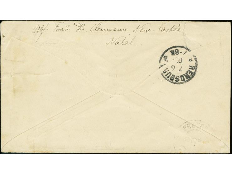 "Veldpost, ZAR New Castle. 27. April 1900", blue three-line cancel struck twice on illustrated cover franked with ½ and 2d. t