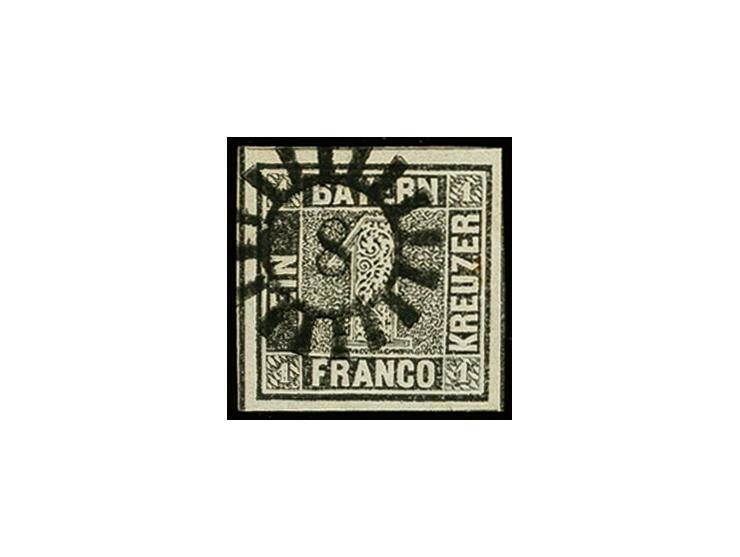 "8" AMBERG, glasklar auf 1 Kreuzer schwarz, Platte 1, allseits breitrandig und farbfrisch, oben kleine, leicht helle Stelle, 