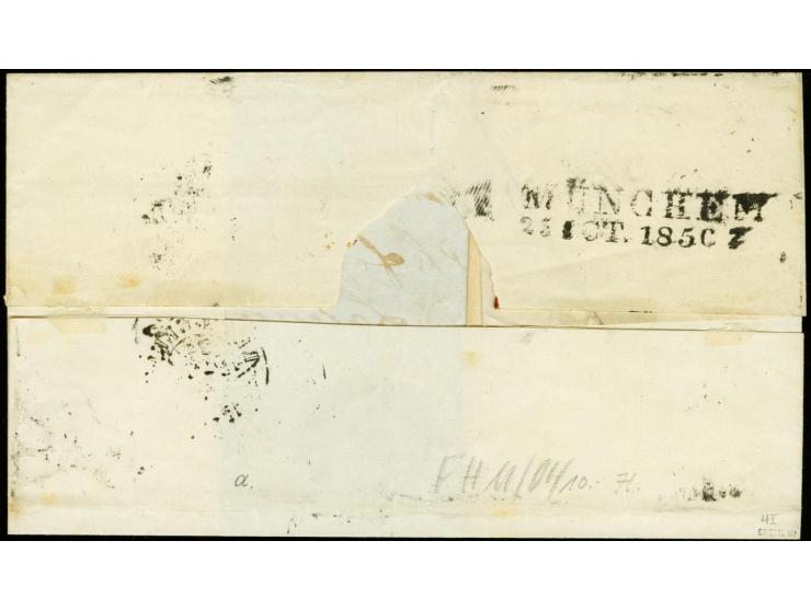 6 Kreuzer rötlichbraun, voll- bis breitrandig mit gMR "281" und sauber nebengesetztem DKr. "REGENSBURG 21 OCT. 1850" auf Brie
