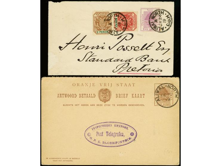 "ALIWAL NORTH C.G.H. JA 24 19" clear cds. on franking Transvaal/OFS on cover to Pretoria with transit mark of Bloemfontein, i