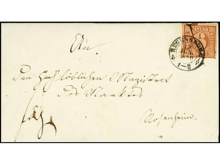 6 Kreuzer rötlichbraun, allseits breitrandig mit Federzug und sauber aufgesetztem DKr. "REGENSBURG 19 JUN. 1850" auf Briefhül