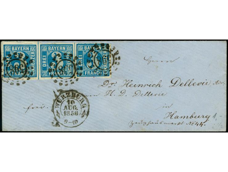 3 Kreuzer blau, Platte 3, waagerechter 3er-Streifen mit oMR "598" und sauber nebengesetztem DKr. "WÜRZBURG 10 AUG. 1858" auf 