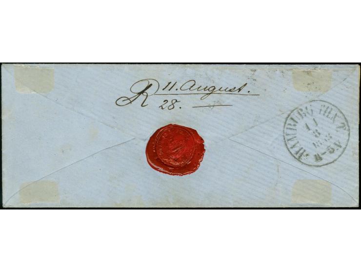 3 Kreuzer blau, Platte 3, waagerechter 3er-Streifen mit oMR "598" und sauber nebengesetztem DKr. "WÜRZBURG 10 AUG. 1858" auf 