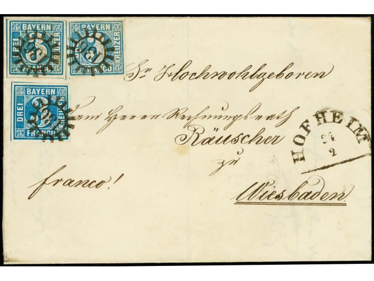 3 Kreuzer blau, 3 Einzelwerte, dabei zweimal Platte 2 und einmal Platte 3, alle farbfrisch und voll- bis breitrandig mit klar