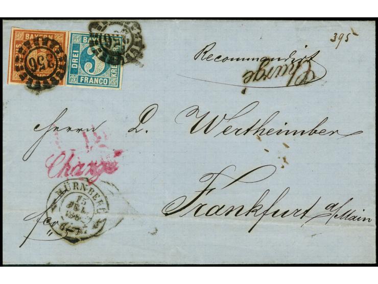 3 Kreuzer blau und 6 Kreuzer braun, beide voll- bis breitrandig mit oMR "356" und nebengesetztem DKr. "NÜRNBERG 15 JUL. 1862"
