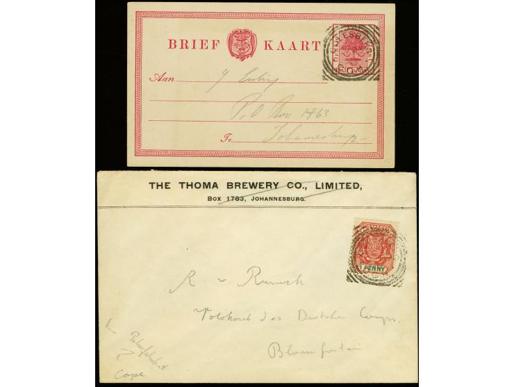 "COLESBERG  C.G.H. FE 23 00" on 1d. on cover to Bloemfontein and on OFS 1½ d. postal stationery to Johannesburg, fine