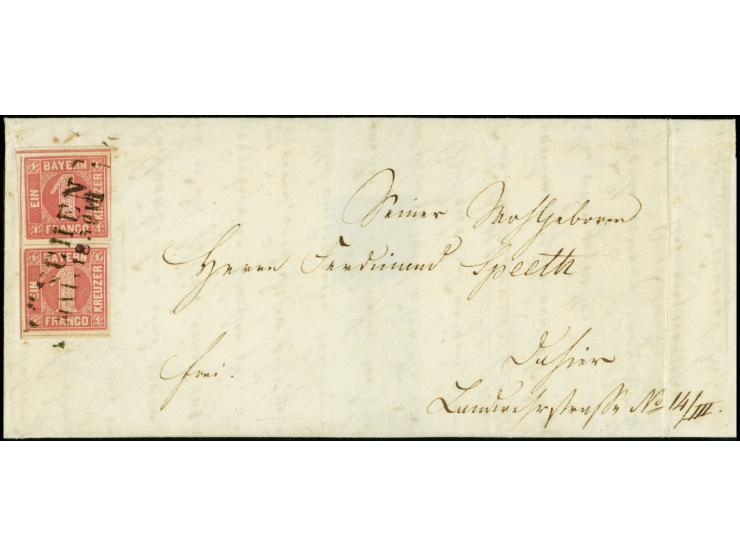 1 Kreuzer rosa im senkrechten Paar, allseits sehr breitrandig mit Teilen aller Zwischenlinien, mit L2 "MÜNCHEN .. MAI 1859" a