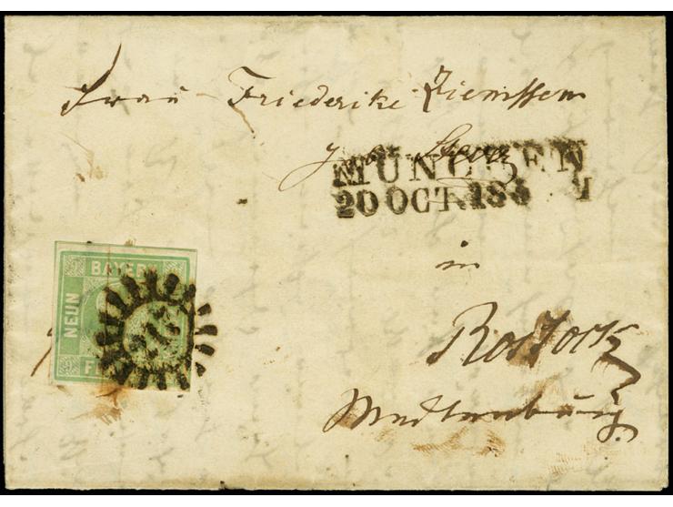 9 Kreuzer bläulichgrün, allseits breitrandig mit gMR "217" und nebengesetztem L2 "MÜNCHEN 20 OCT. 185.." auf Faltbrief nach R