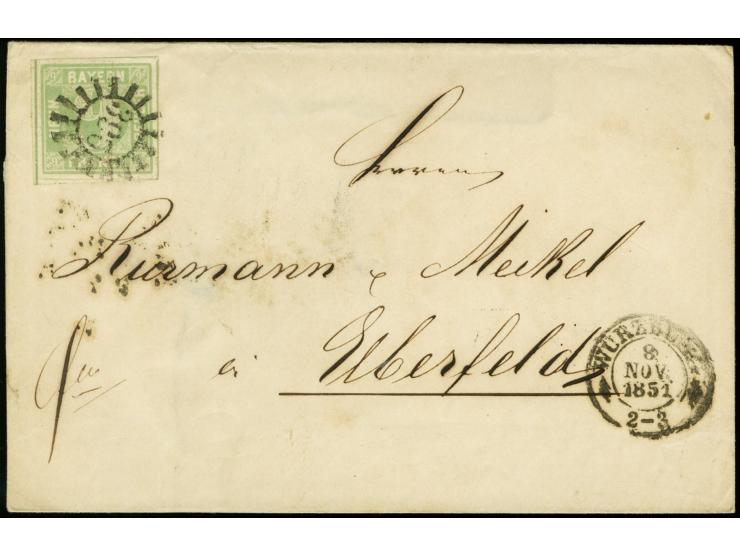 9 Kreuzer mattblaugrün, Type 3, allseits breitrandig mit gMR "396" und nebengesetztem DKr. "WÜRBURG 8 NOV. 1851" auf Briefhül
