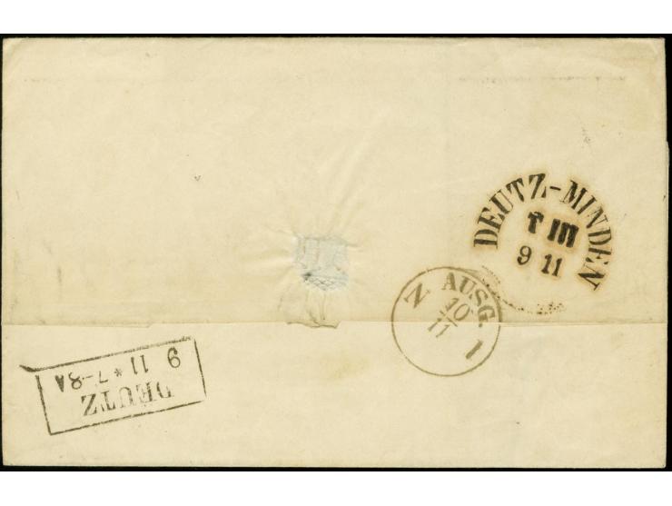9 Kreuzer mattblaugrün, Type 3, allseits breitrandig mit gMR "396" und nebengesetztem DKr. "WÜRBURG 8 NOV. 1851" auf Briefhül