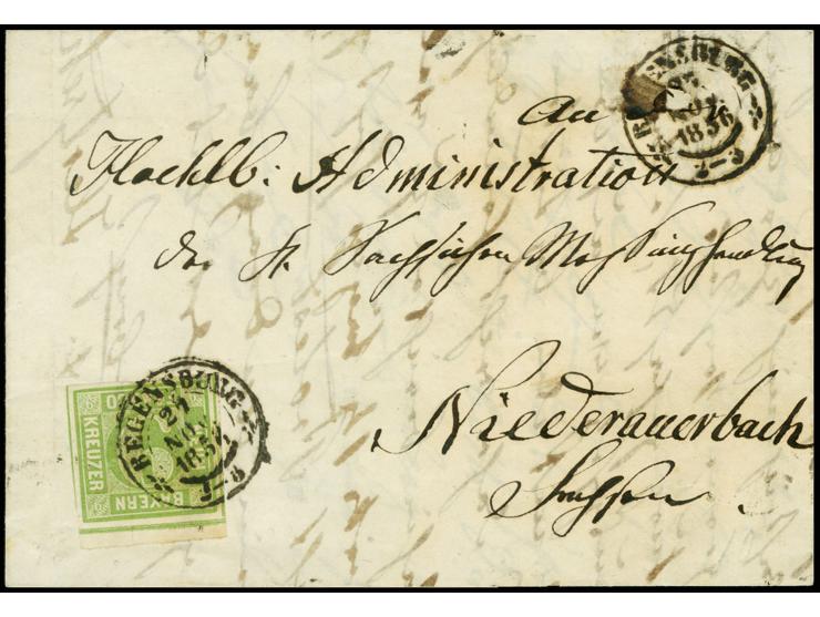 9 Kreuzer maigrün, voll- bis meist breitrandig mit schmalem oberen Bogenrand, mit Umtauschstempel "REGENSBURG 27 NOV. 1856" a