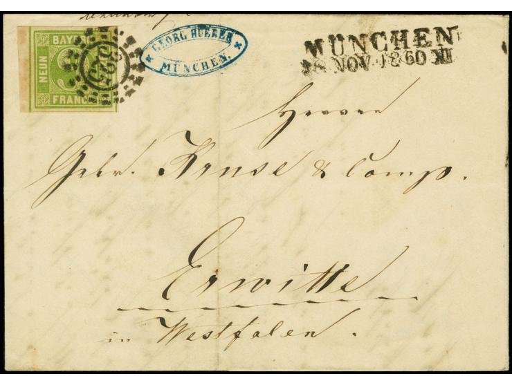 9 Kreuzer gelbgrün, Type I, allseits sehr breitrandig mit Zwischenlinien an zwei Seiten und schmalem Bogenrand links, mit kla