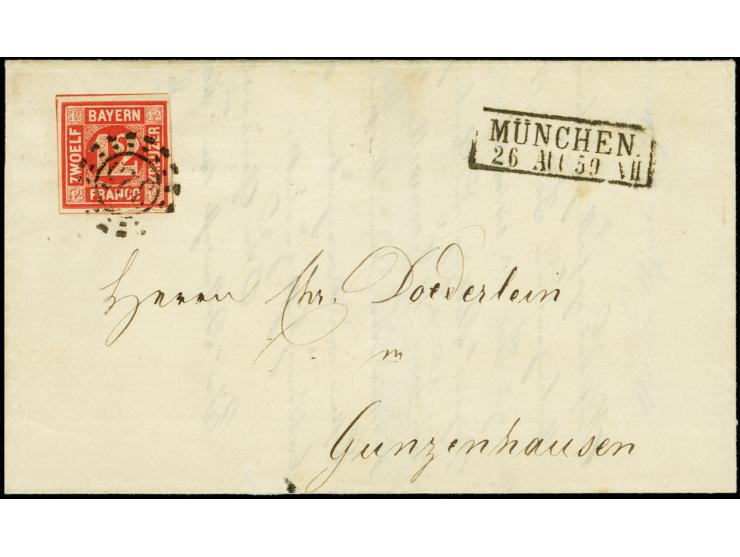 12 Kreuzer rot, farbfrisch und allseits breitrandig mit oMR "325" und nebengesetztem Ra2 "MÜNCHEN 26 AUG 59" auf Faltbrief de