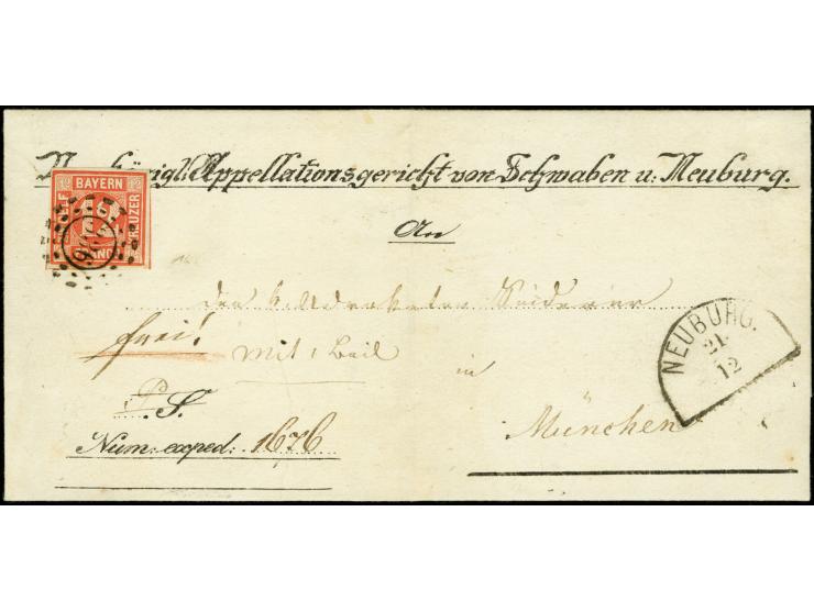12 Kreuzer rot, farbfrisch und voll- bis breitrandig mit oMR "336" und nebengesetztem Halbkreisstempel "NEUBURG 21 12" (1859)