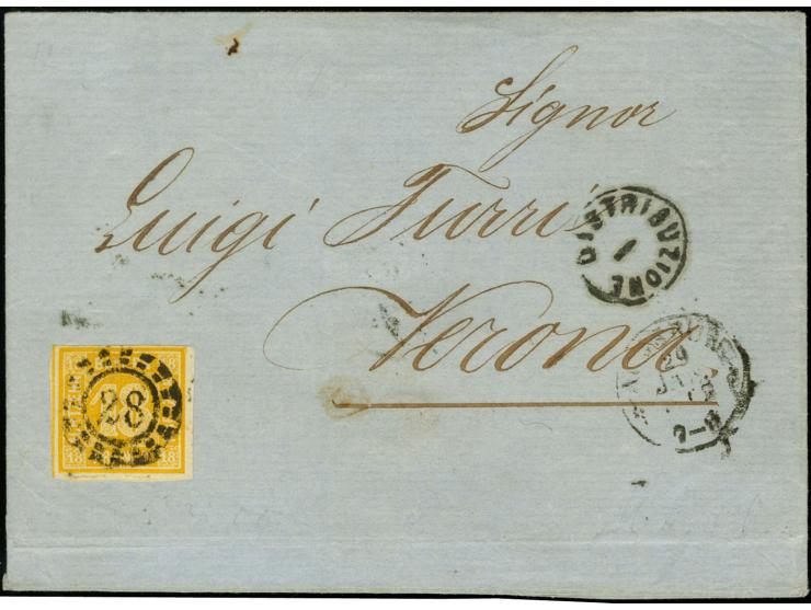 18 Kreuzer gelblichorange, voll- bis meist breitrandig mit zentrischem oMR "28" und nebengesetztem DKr. "AUGSBURG 29 JAN 1862