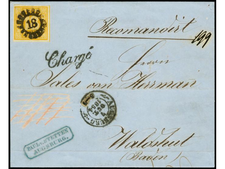 18 Kreuzer gelblichorange, voll- bis breitrandig mit zentrischem gMR "18" und nebengesetztem DKr. "AUGSBURG 7 OCT. 1854" auf 