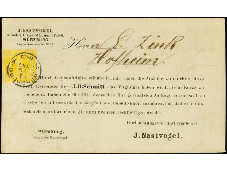 1 Kreuzer gelb, Type 1, farbfrisch und voll- bis breitrandig mit DKr. "WÜRZBURG 5 AUG. 1867" auf Vertreterkarte nach Hofheim;