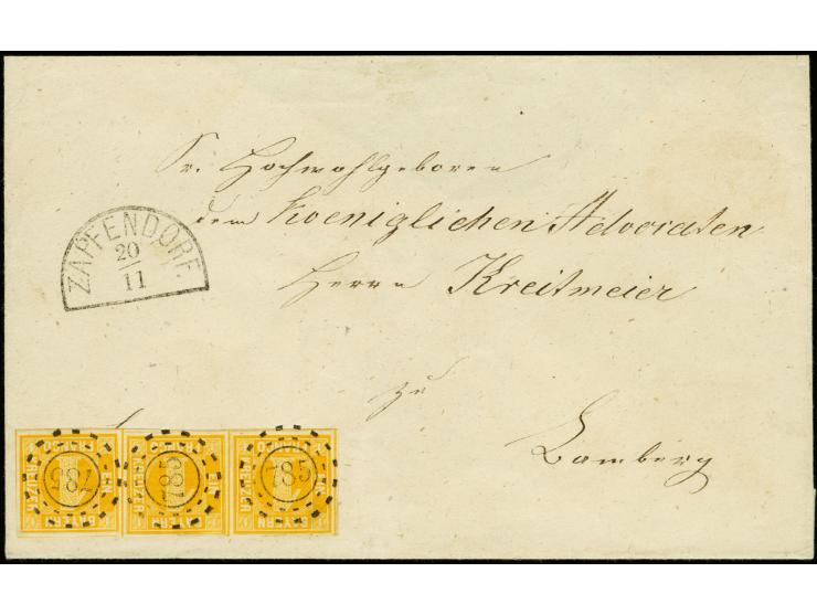 1862, 1 Kreuzer gelb im waagerechten 3er-Streifen, allseits breit- bis überrandig und in besonders schöner, leuchtender Farbe