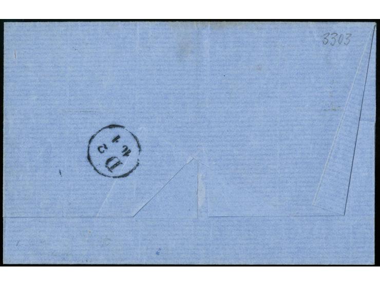1 Kreuzer gelb, 3 Einzelwerte zusammen mit 6 Kreuzer blau als Streifen geklebt, eine 1 Kreuzer rechts unten noch voll- sonst 
