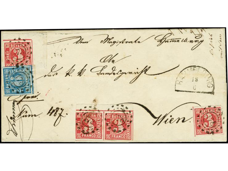 3 Kreuzer rosa, voll- bis überrandige rechte obere Bogenecke mit ca. 5/11 mm Bogenrändern, waagerechtes Oberrandpaar, links w