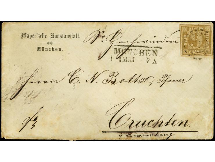 9 Kreuzer braun, allseits breitrandig mit leicht aufgesetztem oMR und nebengesetztem Ra2 "MÜNCHEN 1 MAI 1867" auf Briefkuvert